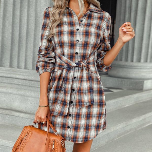 Women's Casual Chic Commuter Style Dress Multi-Way Plaid Belted for Daily Travel