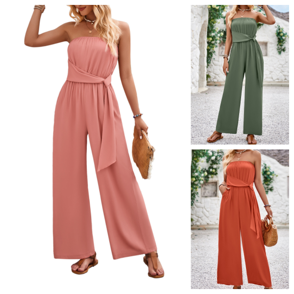 Minimalist Vacation Style Solid Color Strapless Waist-Tie Slim Jumpsuit Fashionable Sexy Off-Shoulder Women's Wide-Leg Jumpsuit - Image 2