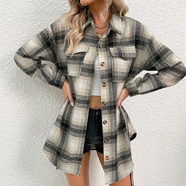 Casual Autumn Women's Clothing Fashionable Tie Waist Long Plaid Shirt coat