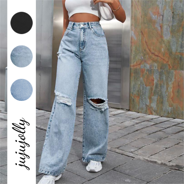 Commuter Style Fashion Straight-Leg Distressed High-Waisted Wide-Leg Jeans - Image 3