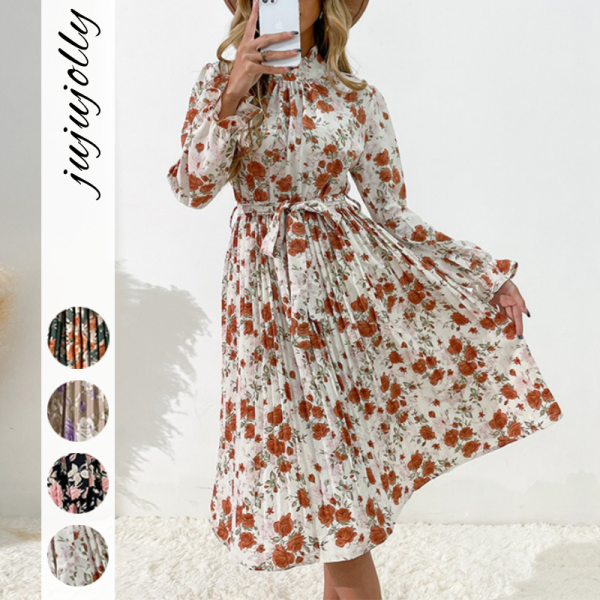 Autumn Women's Clothing 2024 Elegant Floral Print Long Sleeve Half-High Neck Tie Waist Pleated Dress