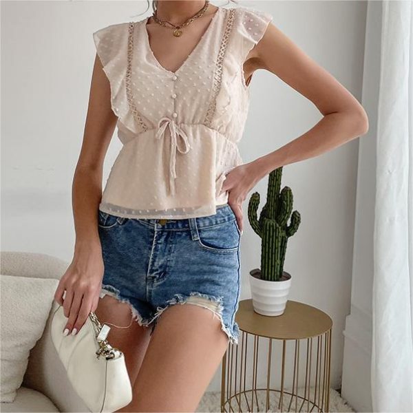Top with Lotus Leaf Hem Patchwork Solid Color Flutter Sleeve Waist-Cinched Short Sleeve Chiffon Blouse - Image 3