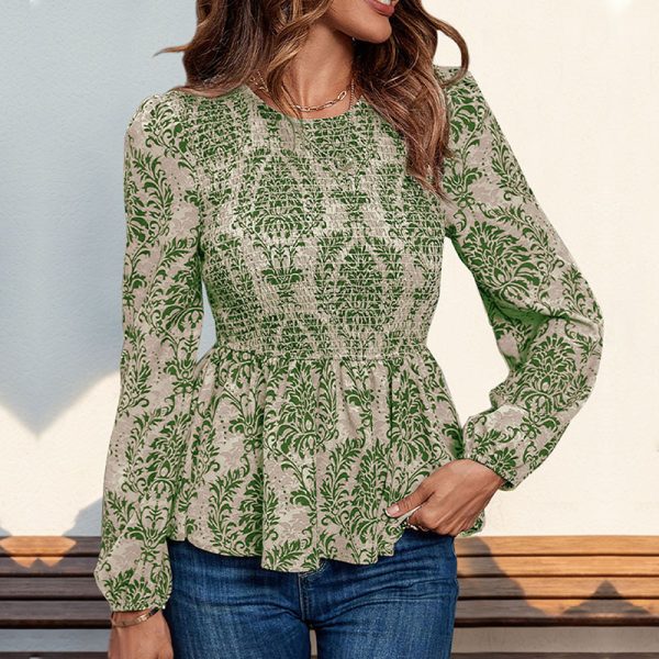 Women's Elegant Floral Geometric Print Fitted Long Sleeve Shirt Casual Summer Fashion Ruched Decoration - Image 3