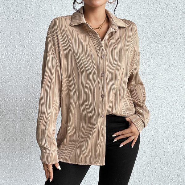 Autumn Blouses for Lady Fashionable Solid Color Textured Loose Long Sleeve Shirt
