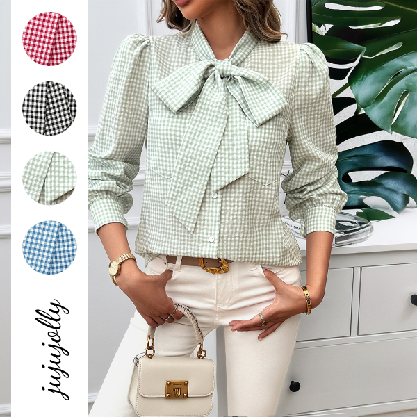 2024 Autumn Winter Retro Style Women's Casual Chic Plaid Bow-tie Open Front Long Sleeve chemise femme
