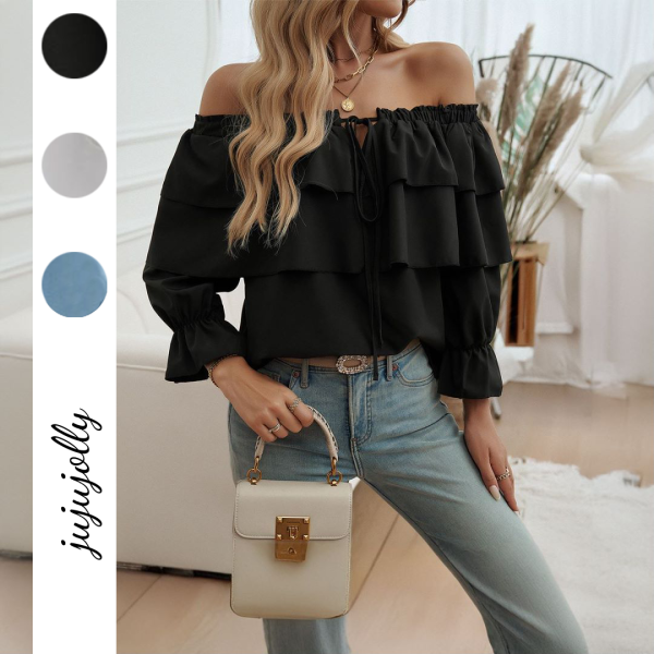 Women's Elegant Loose Solid Color Pleated Lace Trim Off-Shoulder Lantern Sleeve Tie-up Top - Image 2
