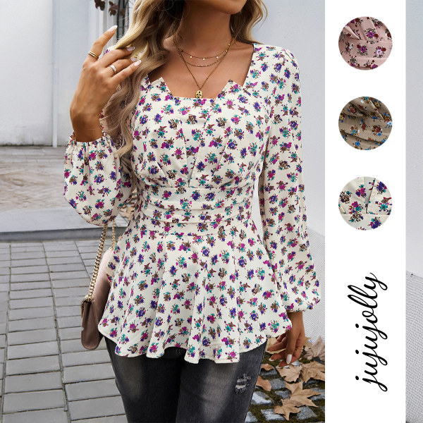 Forest Style Elegant Ruffle Frill Floral Long Sleeve women's blouses 2024 with Bubble Sleeves