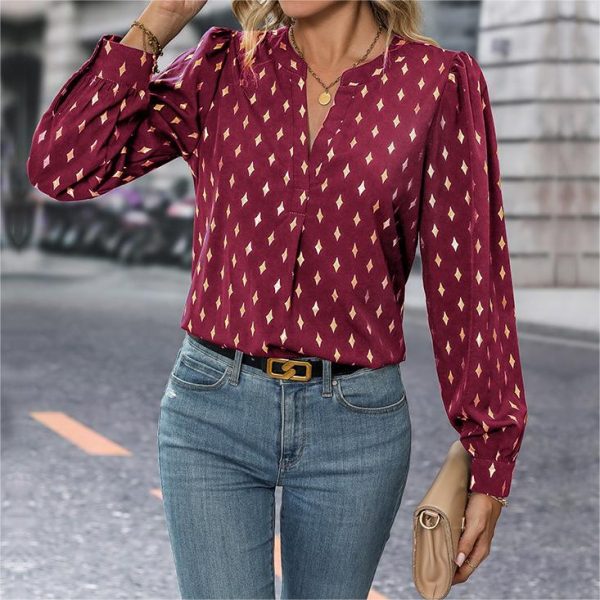 Multicolored Gold-Pressed V-Neck Girl's Long-Sleeve Blouse with Rhombus Pattern Casual Summer