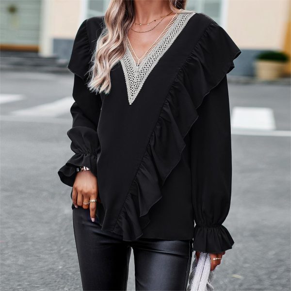 High-End Women's Long-Sleeved V-Neck Lace Shirts Commuter Geometric Pattern with Silk Screen Printing - Image 2