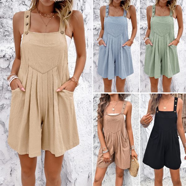 Summer Casual Fashion Solid Color Overalls Shorts Comfortable Breathable High-Quality Cotton Jumpsuit For Women - Image 2