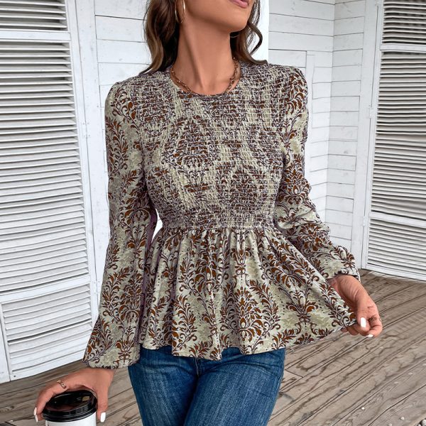Women's Elegant Floral Geometric Print Fitted Long Sleeve Shirt Casual Summer Fashion Ruched Decoration - Image 2