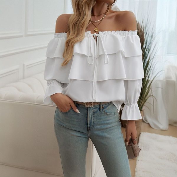 Women's Elegant Loose Solid Color Pleated Lace Trim Off-Shoulder Lantern Sleeve Tie-up Top