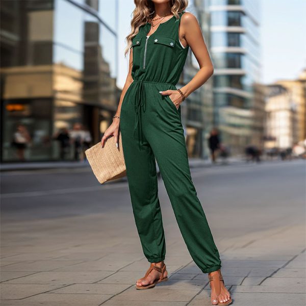 Summer Casual Women Jumpsuit 2024 Solid Color Sleeveless Tie Waist Long Jumpsuit - Image 3