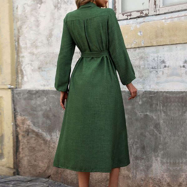 Women Clothes 2024 Autumn Fashion Green Turn-Down Collar Tie Waist Long Sleeve Midi Dress - Image 2