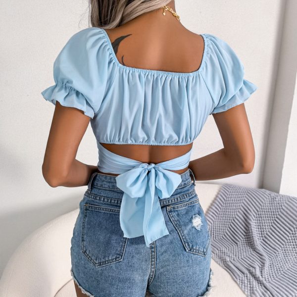 Women's Casual Short Sleeve Chiffon Blouse Top Summer Cinched Waist Design Comfortable Crop Top Shirt - Image 6