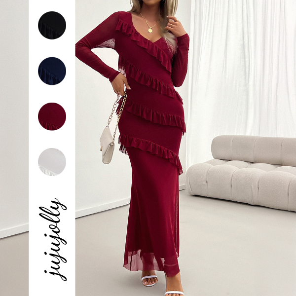 Autumn and Winter Long Sleeve Women's Dress Elegant Slim Fit Hip-Wrapped Ruffle Trim Decorated Mesh V-Neck Dress - Image 2
