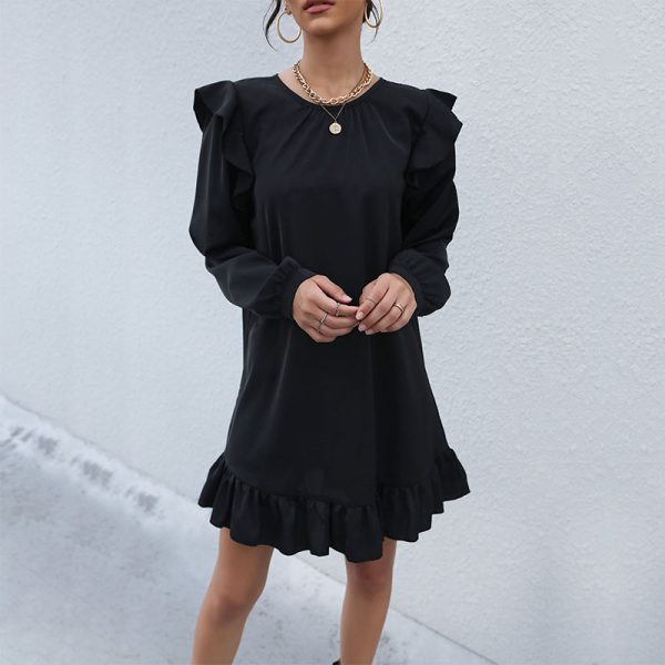 Autumn Frocks for Women Fashionable Solid Color Ruffle Loose Dress - Image 3