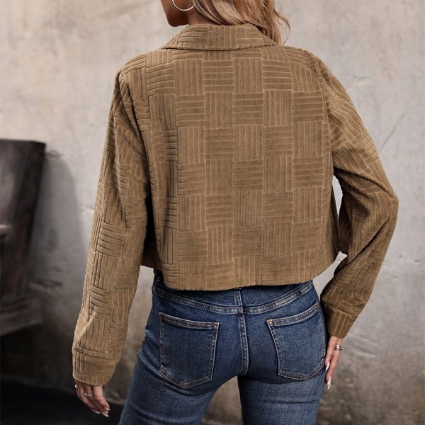 Women Winter Jackets Fashionable Casual Corduroy Solid Color Turn-Down Collar Short Coat - Image 3