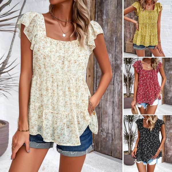 Summer Women's Floral Square Neck Top Fashionable Elegant Chiffon Breathable Ruffled Short Sleeve Pullover Blouse - Image 2
