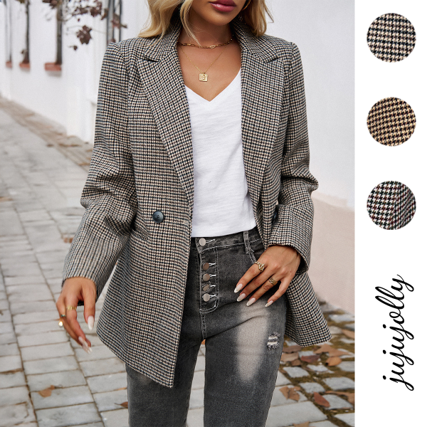 Autumn Winter Amazon Women's Fashion Elegant Commute Contrast Lapel Buttoned Blazer