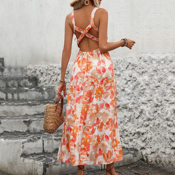 Summer Clothes for Women Dresses Elegant V-Neck Backless Floral Print Spaghetti Strap Dress - Image 2
