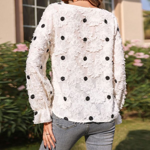 Autumn Ladies Tops Latest Design Fashionable White Long Sleeve V-Neck Polka Dot Spliced Blouse - Image 3
