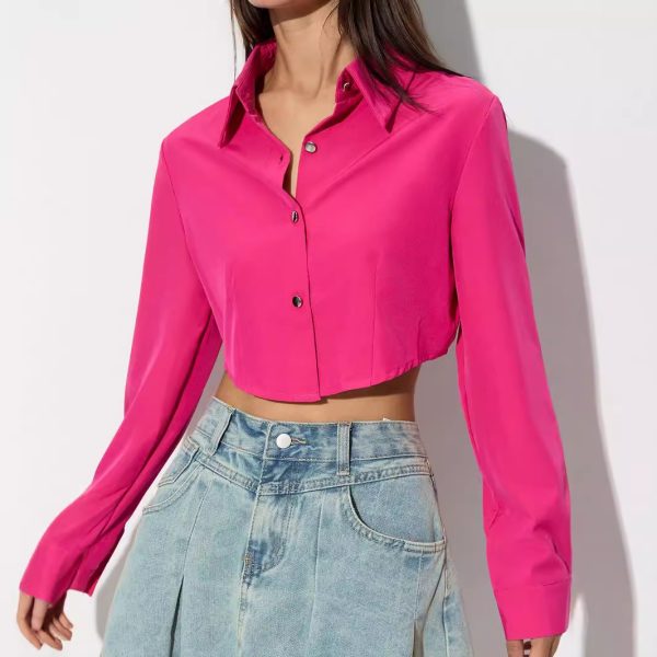 Autumn Female Clothes Fashionable Solid Color Turn-Down Collar Long Sleeve Crop Shirt