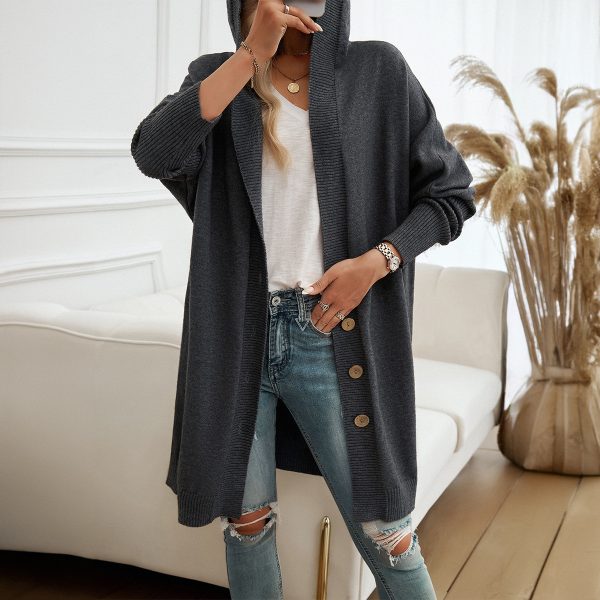 Casual Leisure Loose Cardigan for Women Breathable Hooded Sweater Coat with Button Closure and Decoration - Image 2