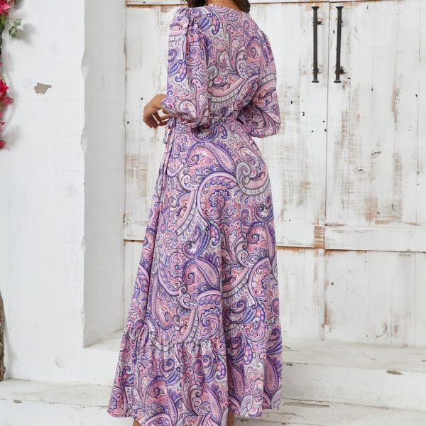 Summer New Arrival 2024 Elegant Floral V-Neck Puff Sleeve Vacation Tie-Waist Dress - Image 3