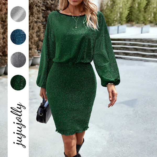 Elegant Temperament for Autumn and Winter with Scattered Sparkles Lotus Leaf Edge Round Neckline Hip-Hugging Skirt