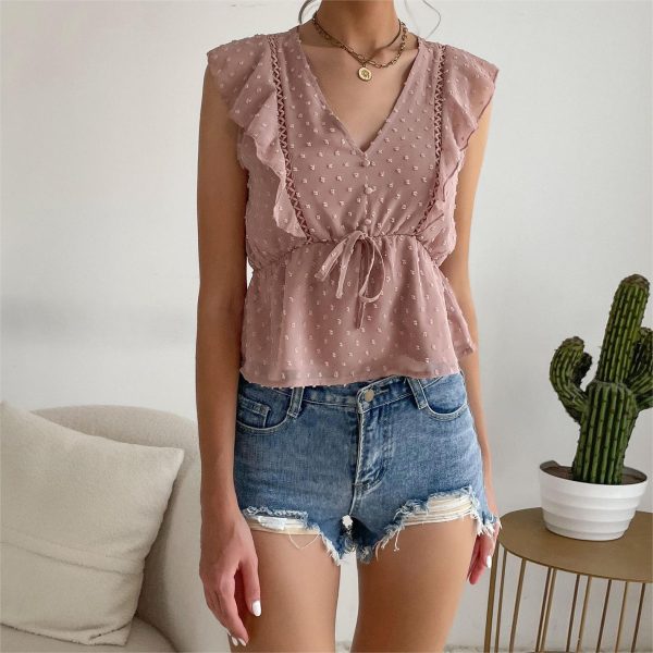 Top with Lotus Leaf Hem Patchwork Solid Color Flutter Sleeve Waist-Cinched Short Sleeve Chiffon Blouse - Image 2