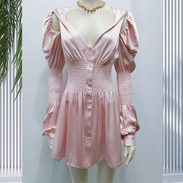 Casual Dresses Elegant Solid Color Silk Satin V-Neck Pleated Waist Dress