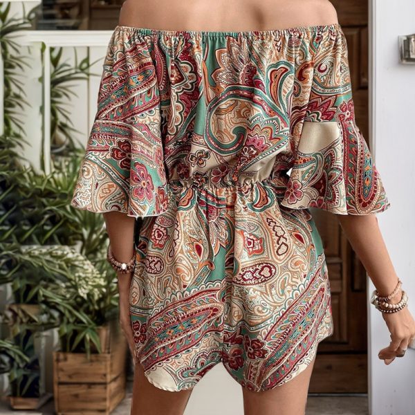 Summer Fashion Vintage Print Off-Shoulder Tie Waist Combinaison Femme - Image 3