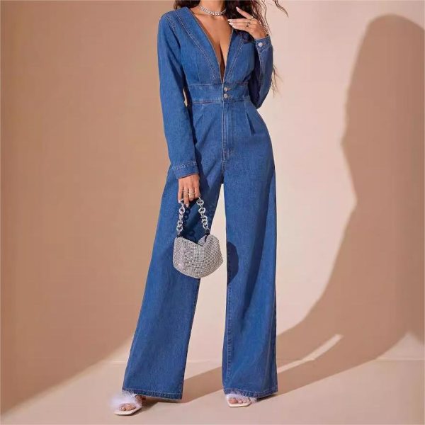 Women's Elegant INS Style Denim Pants Jumpsuit Deep V Slim Fit Casual Commute for Summer Patchwork Decoration Simple Button