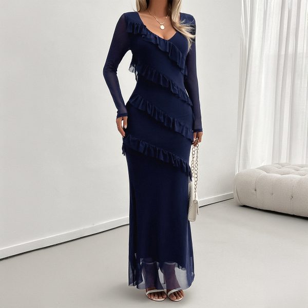 Autumn and Winter Long Sleeve Women's Dress Elegant Slim Fit Hip-Wrapped Ruffle Trim Decorated Mesh V-Neck Dress