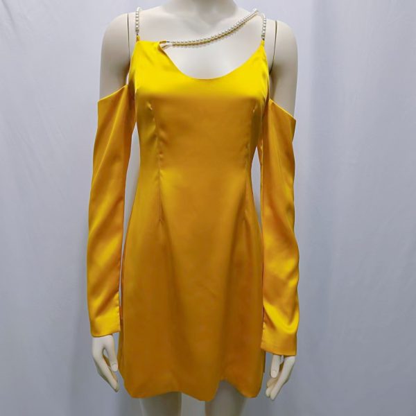 Casual Dresses Yellow Satin Off-Shoulder Asymmetrical Pearl Strap Dress