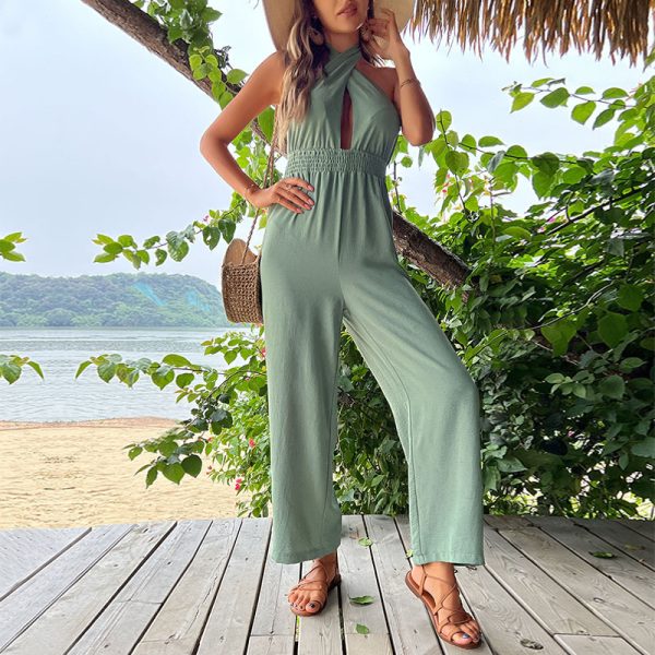 Summer Jumpsuits for Women Sexy Solid Color Halter Neck Hollow Out Backless Wide Leg Jumpsuit - Image 2