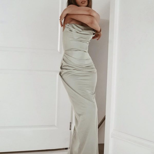 Evening Gown Strapless Backless Slit Sexy Silk Satin Chiffon Breathable Woven Patchwork Ruffles Ruched