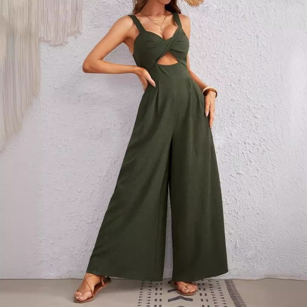 2024 Women's Jumpsuit Sexy Solid Color Hollow Out Spaghetti Strap Wide Leg Jumpsuit - Image 3