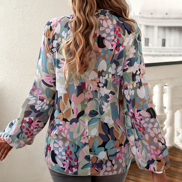 Autumn New Arrivals Elegant Floral Print Round Neck Long Sleeve Chiffon Chemise Femme - Image 3
