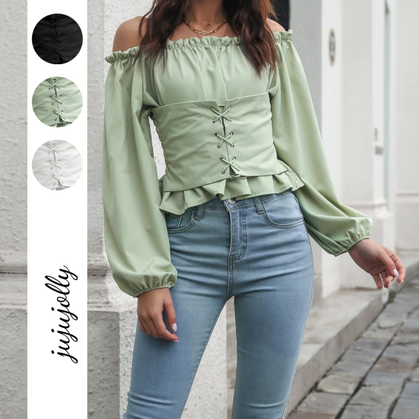 Chiffon Blouses for Women with Front Tie Lantern Sleeves and Off-the-Shoulder Waist Cinching