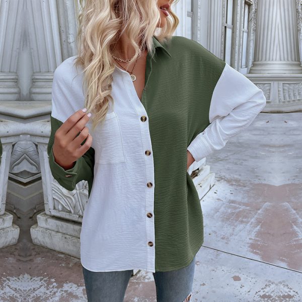 Autumn Women's Loose Block Long Sleeve Casual Outerwear Multi-Color Hooded Shirt Polyester Lining Button Breathable Design - Image 3