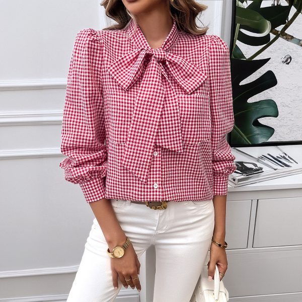 2024 Autumn Winter Retro Style Women's Casual Chic Plaid Bow-tie Open Front Long Sleeve chemise femme - Image 3