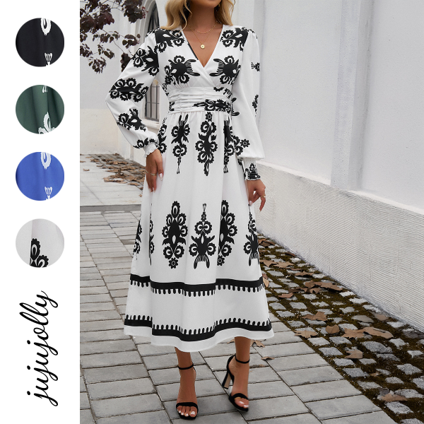 Women's Breathable V-Neck Dress Autumn Chiffon Waist Pleated Long Sleeve Color Block Patchwork Ruched Natural - Image 2