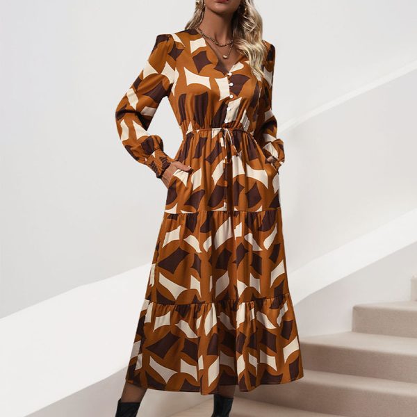 Long Sleeve V-Neck Chiffon Dress Button Print Breathable Woven Patchwork Design Ruffled Ruched Spring Autumn - Image 2