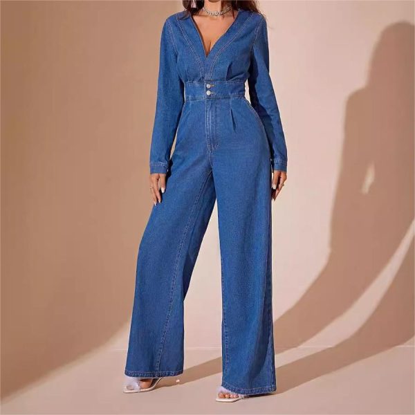Women's Elegant INS Style Denim Pants Jumpsuit Deep V Slim Fit Casual Commute for Summer Patchwork Decoration Simple Button - Image 2