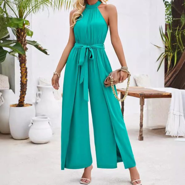 Fashion Solid Color Halter Neck Tie Waist Women's Sleeveless Wide-Leg Jumpsuit lady jumpsuit outfit - Image 3