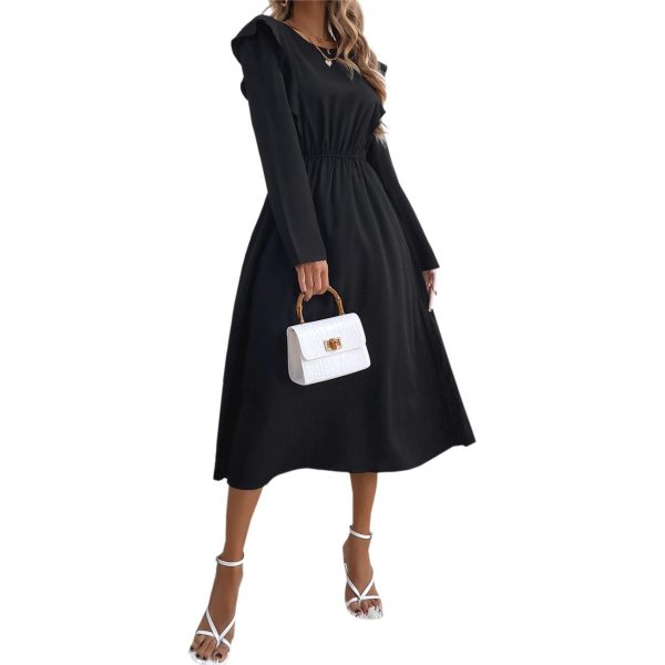 INS Elegant Slim Fit U-Neck Dress Autumn Winter Flared Waist Cinched Dress with Ruffles and Ruched Decoration - Image 3