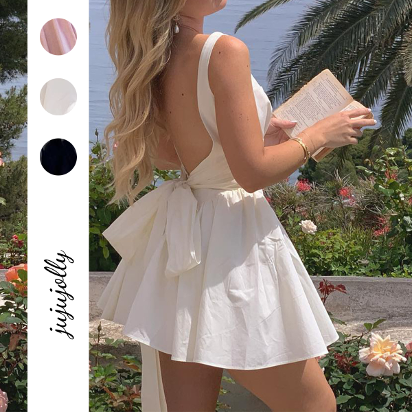 New French Style Mini Skirt Bow Backless Floor-Length Sling Dress Ruffles Ruched Empire Spaghetti Strap Pure Desire Design