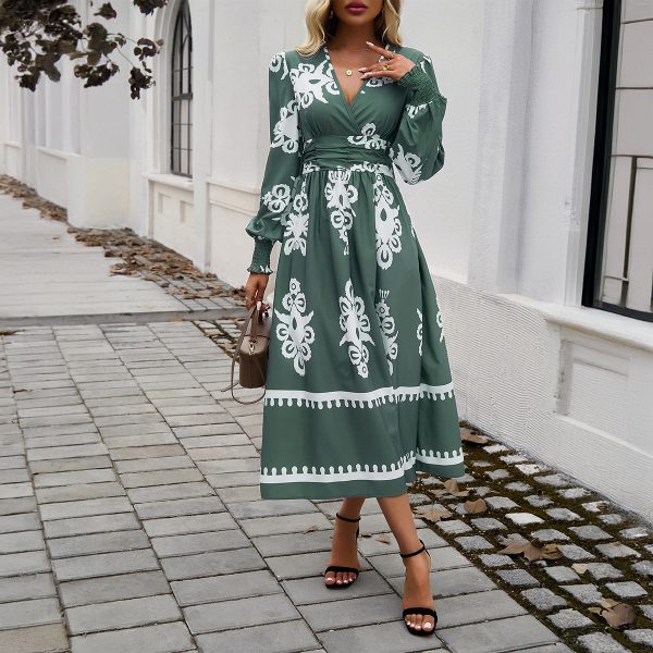 Women's Breathable V-Neck Dress Autumn Chiffon Waist Pleated Long Sleeve Color Block Patchwork Ruched Natural